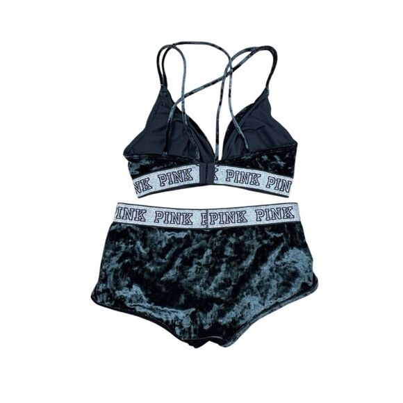 PINK Victoria’s Secret lurex velvet logo triangle bra and boyshort set - Picture 3 of 8